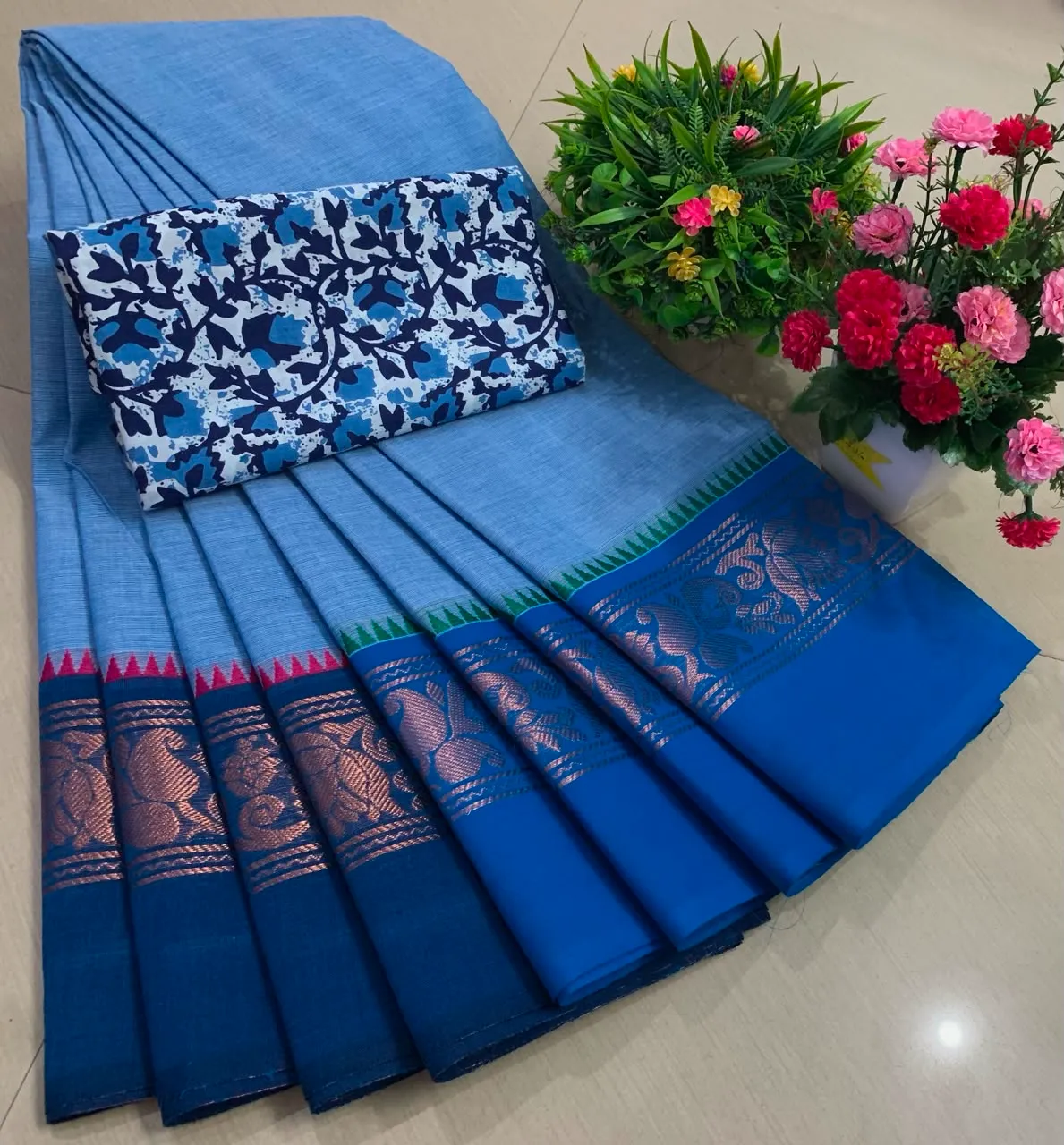 Royal Blue Chettinadu Pure Cotton Saree with Kalamkari Blouse